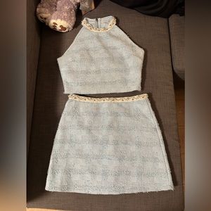 Sleeveless Crew Neck Faux Pearl Rhinestone Beaded Tweed Crop Top / Mini Skirt